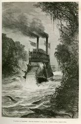 Die Passage der Angostura (Kolumbien), durch das Dampfschiff der Expedition, Zeichnung von E. Riou, zur Illustration der Reise nach Äquatorialamerika (Kolumbien, Ecuador, Peru), 1875-1876, von Edouard Andre (1833-1894), Reisender im Auftrag der Fr