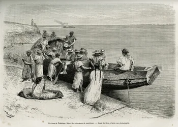 Der Aufbruch der Kautschukforscher in der Nähe von Tabatinga (Oberes Amazonasgebiet). Illustration von Riou, zur Geschichte 