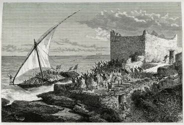 Mit dem Dung der Reisenden, die den Hafen von Moguedouchou (Mogadischu) betreten, machen die Matrosen einen großen Lärm, um die Menschen anzulocken, die sie mit Begeisterungsrufen empfangen. Gravur von Riou, zur Illustration der Geschichte „Reise bei den B