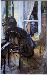 Am Fenster. Frau liest ein Buch und schaut aus dem Fenster. 20. Jahrhundert