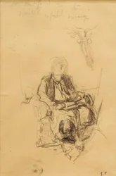 Madame Bénard sitzend mit gezeichnetem Schal