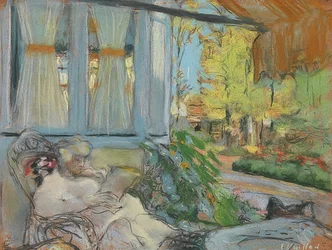 Madame Hessel auf der Terrasse lesend