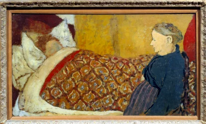Das Wiegenlied: Eine Großmutter singt ein Wiegenlied oder erzählt eine Geschichte, um ein Kind in den Schlaf zu wiegen. Karton marouflé auf Holztafel von Edouard Vuillard