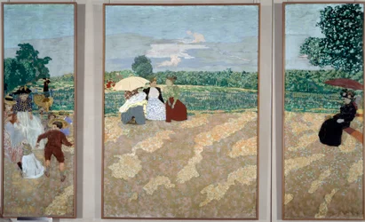 Die öffentlichen Gärten: Die Kindermädchen, Das Gespräch und der rote Regenschirm - Triptychon für die Dekoration des Herrenhauses von Alexandre Natanson