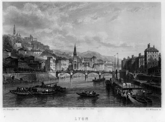 Ansicht der Stadt Lyon, Département Rhône, Region Rhône-Alpes, Frankreich. Gravur von Willmann in „La France ancienne et moderne“ von Jean-Bernard Mary-Lafon