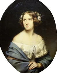 Porträt von Jenny Lind, stehend, halblang in einem weißen Kleid und einem hellblauen Schal
