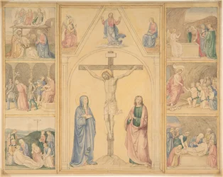 Christus am Kreuz mit sechs Szenen aus dem Leben Christi, ca. 1850
