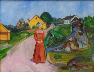 Straße in Åsgårdstrand und eine Frau im roten Kleid