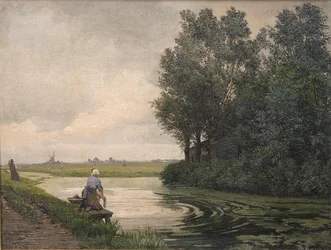 Holländische Landschaft. Ein Mädchen wäscht an einem Kanal