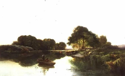 Eine Flusslandschaft mit Anglern