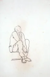 Selbstporträt des Künstlers, sitzend, mit den Händen zwischen den Knien, aus einem Album von Zeichnungen