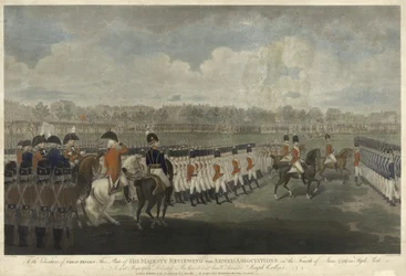 Der König überprüft die bewaffnete Vereinigung im Hyde Park am 4. Juni 1799, graviert von J. Collyer, 1801