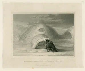 Ein Eskimo kriecht in den Durchgang einer Schneehütte