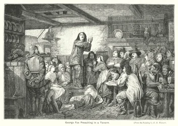 George Fox predigt in einer Taverne (Gravur)