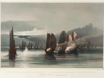 Angriff auf das Piratengeschwader von Chuiapoo, vor Tysami, China, in der Nacht des 28. September 1849 durch HMS Columbine, J C Dalrymple Hay, Esqr, Kommandant, ca. 1849