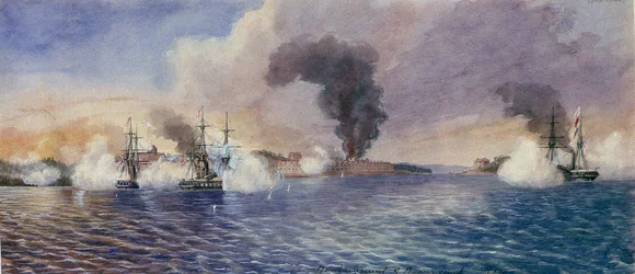 Die Bombardierung von Bomarsund (Finnland) im August 1854 während des Krimkriegs (1853-1856). Von Edward Hodges Cree (1814-1901).