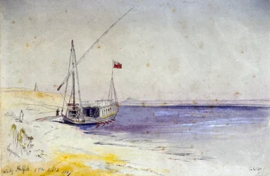Ein ägyptisches Boot am Ufer des Nils, in der Nähe von Wady Halfeh (Ägypten). Farbige Aquarellzeichnung
