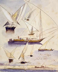 Studien verschiedener ägyptischer Boote (einschließlich Dahabeeyahs und Gyassis) in der Nähe von Deir KAdige (Ägypten) dargestellt auf einem ruhigen Abschnitt und unten auf der Seite eine Ansicht der Ufer des Nils mit einer Moschee