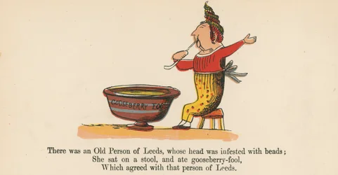 Es war eine alte Person aus Leeds, deren Kopf mit Perlen befallen war, aus 