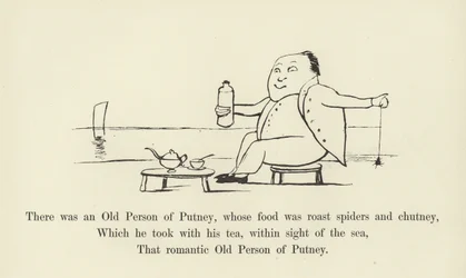 Es war eine alte Person aus Putney, deren Nahrung gebratene Spinnen und Chutney war