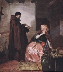 Julia und Bruder Lorenzo (Romeo und Julia): „Nimm du das Fläschchen, wenn du dann im Bett liegst, und trink diese destillierte Flüssigkeit aus“, aus William Shakespeares Sämtlichen Werken, herausgegeben von J Coker & Co Ltd