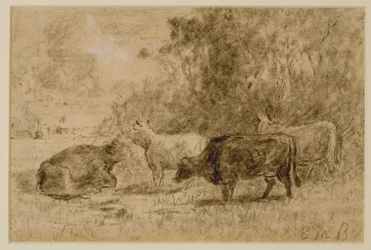 Landschaft mit vier Kühen, ca. 1880er (Kohle auf Papier)