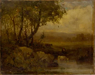Ohne Titel (Landschaft, Flussufer, drei Kühe)