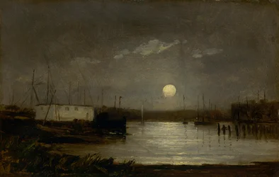 Ohne Titel (Mond über einem Hafen, Hafenszene mit Vollmond und Masten von Booten)