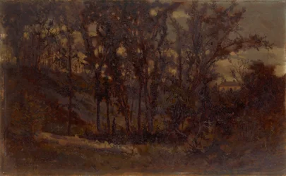 Unbetitelte Waldszene, gefallener Baum im Vordergrund und Haus im Hintergrund