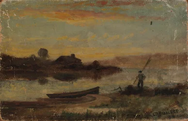 Unbetitelte Landschaft, Boot am Ufer mit gehendem Mann