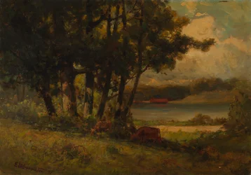Ohne Titel, Landschaft mit Kühen, die in der Nähe des Flusses grasen, 1891