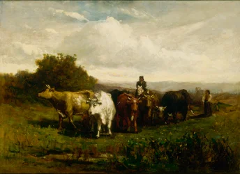 Unbetitelt Mann zu Pferd, Frau zu Fuß treibt Vieh