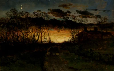 Unbetitelter Sonnenuntergang mit Viertelmond und Bauernhaus