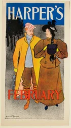 Mann mit Schlittschuhen und gelbem Mantel mit einem Mädchen, Februarausgabe von Harper