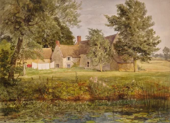 Steingebäude, Wäscheleine und Seerosenteich