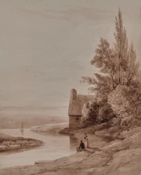 Wasserszene mit Figuren und einem kleinen Boot