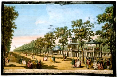 Ansicht des Grand Walk etc. in den Vauxhall Gardens vom Eingang aus, London, ca. 1760