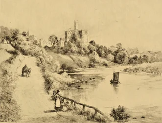 Der Coquet: Warkworth Castle von der Straße nach Amble, ca. 1880 (Radierung)