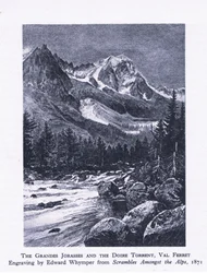 Die Grandes Jorasses und der Wildbach Doire, Val Ferret, aus „British Adventure“, veröffentlicht von Collins, 1947