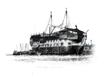 Gefängnisschiff im Hafen von Portsmouth: Sträflinge gehen an Bord, 1828