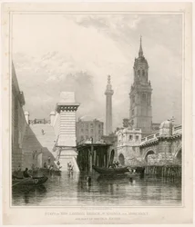 Stufen der neuen London Bridge, St. Magnus, das Monument und ein Teil der alten Brücke