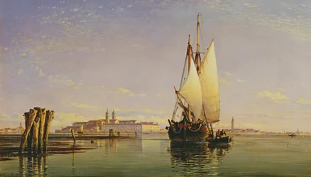 Die Euganeischen Hügel und die Lagune von Venedig - Trabaccola wartet auf die Flut, Sonnenuntergang, 1853