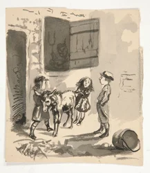 Kinder mit Esel (recto); Unidentifizierte Illustration eines Leierkastenmanns (verso)
