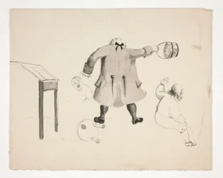 Mann schwingt Eimer auf zwei Jungen (recto); Zwei Männer hinter einer Mauer (verso)