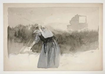 Studie einer Frau mit Haube, die sich vorbeugt - (nicht identifizierte Illustration)