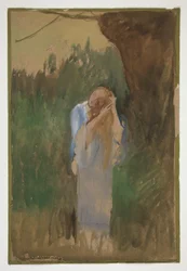 Frau in Landschaft, kämmt ihr langes, blondes Haar - (unidentifizierte Illustration)