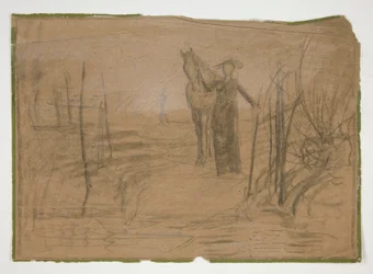 Frau mit Pferd in Landschaft - nicht identifizierte Illustration