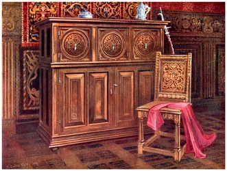 Eichenschrank und Walnussstuhl, 1910