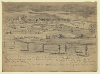 Hinrichtung von fünf Deserteuren der 118. Pennsylvania Volunteers, 1. Division, 5. Korps, vor dem gesamten 5. Korps, Beverly Ford, Va.