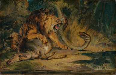 Löwe verteidigt seine Beute, ca. 1840
